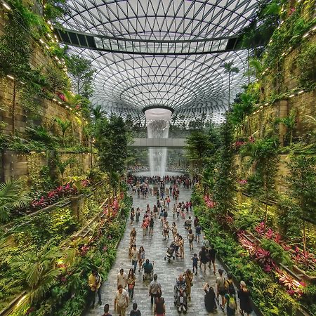 Crowne Plaza Changi Airport, An Ihg Hotel Singapore Exterior photo The photo depicts a vibrant indoor garden space, characterized by lush greenery and a towering waterfall at its center. The setting features vertical gardens on stone walls, filled with various plants and flowers. People can be seen walking along the